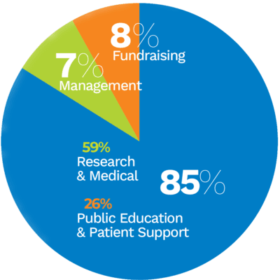 A pie chart showing the percentage of research and public patient support.