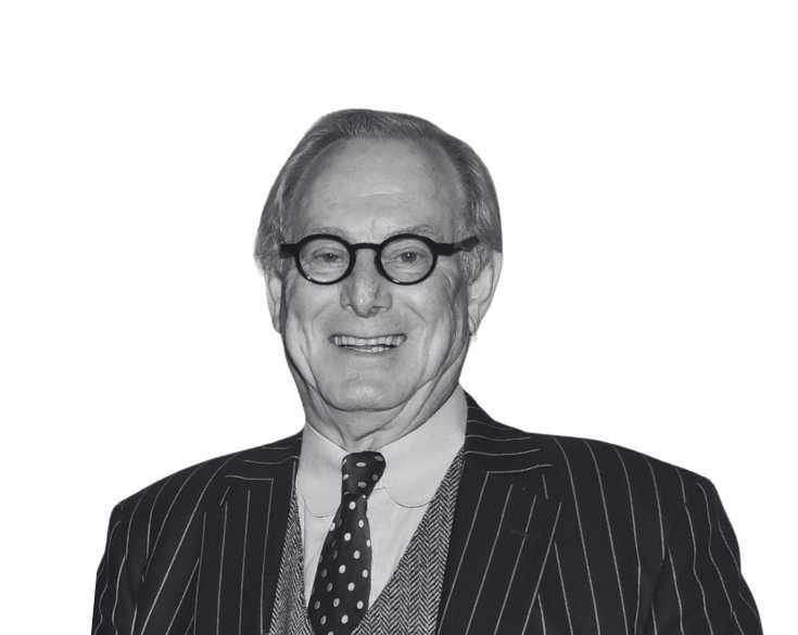 A black and white photo of an older man in a suit and tie.