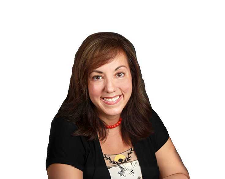 A smiling woman in a black shirt.