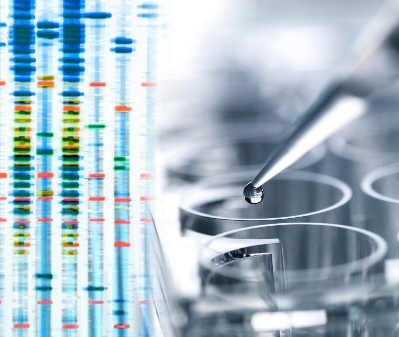 A sample of dna in a lab with a pipette in front of it.