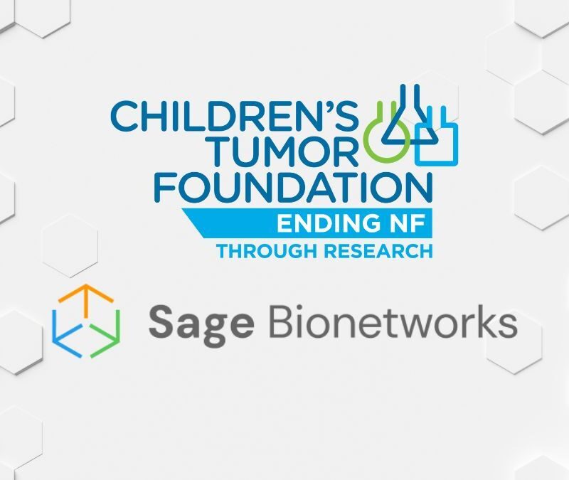Logo of the children's tumor foundation and sage bionetworks on a hexagonal background, promoting the end of neurofibromatosis (nf) through research.