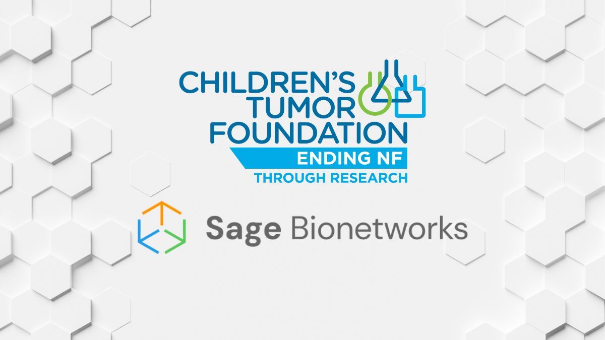 Logo of the children's tumor foundation and sage bionetworks on a hexagonal background, promoting the end of neurofibromatosis (nf) through research.