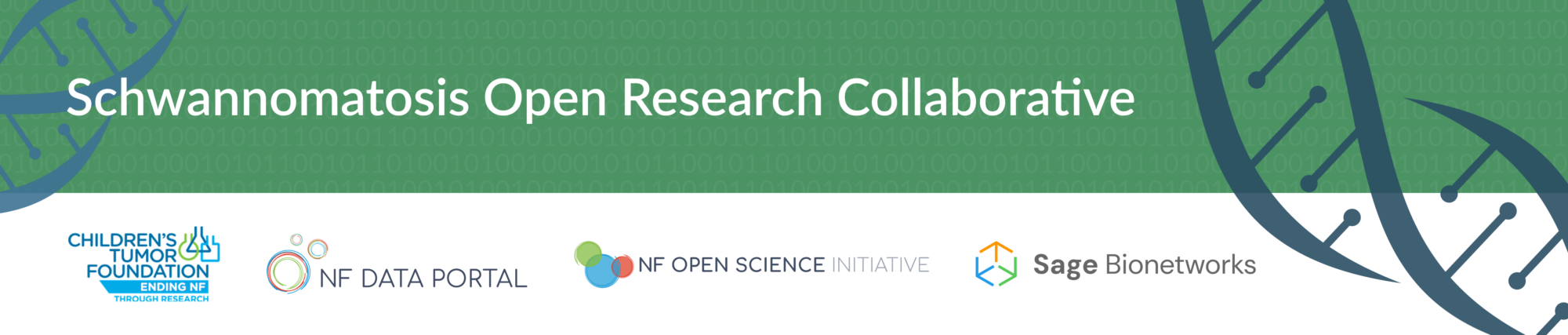 Banner for schwannomatosis open research collaborative, involving children's tumor foundation, nf data portal, and sage bionetworks.
