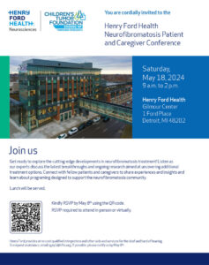 Flyer for henry ford health neuroimmortalis patient and caregiver conference on may 18, 2024, at ford place, detroit, with qr code and accessibility details.