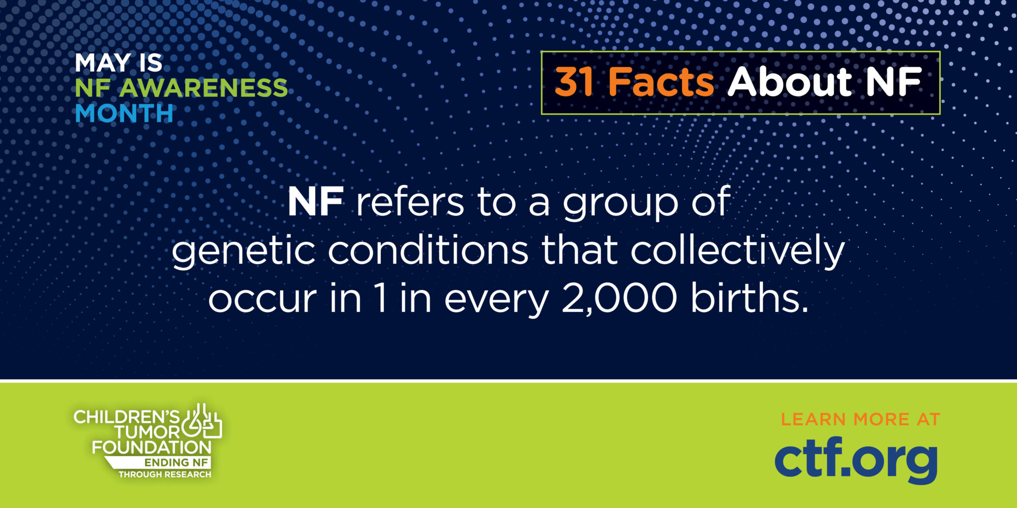 May is nf awareness month: highlighting neurofibromatosis with 31 facts, a genetic condition affecting 1 in 2,000 births. visit ctf.org for more information.