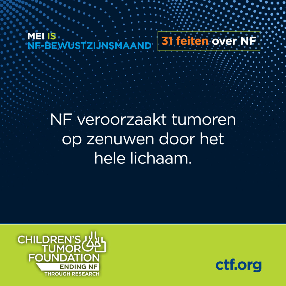 Informatief beeld met tekst over neurofibromatose, een aandoening die tumoren veroorzaakt op zenuwen, met verwijzing naar de children's tumor foundation.