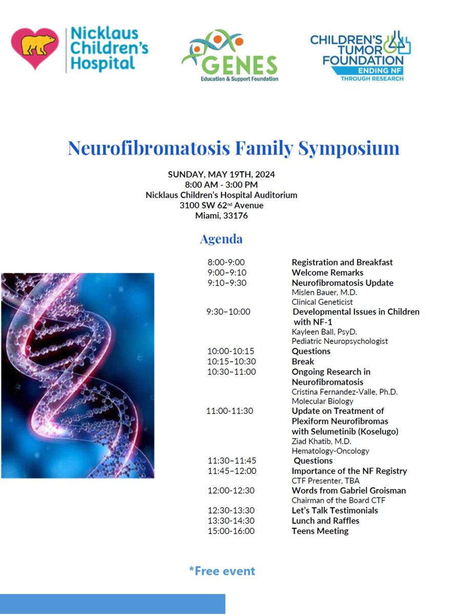 Flyer for a neurofibromatosis family symposium at nicklaus children's hospital on may 19th, 2024, detailing the schedule and speakers with logos of sponsors at the top.
