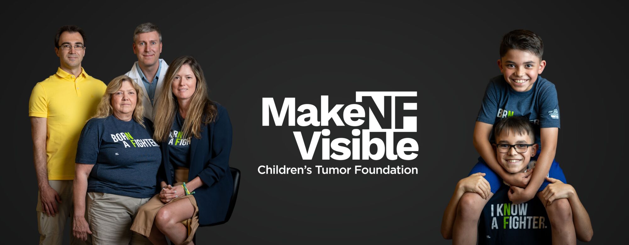 Group of five diverse people and a boy, some wearing shirts with supportive messages, standing beside the text "make nf visible" for the children's tumor foundation.