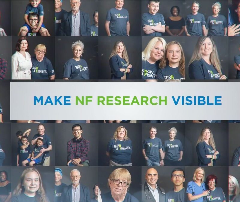 Collage of diverse individuals wearing blue shirts with "fight nf" logos, promoting neurofibromatosis research awareness.