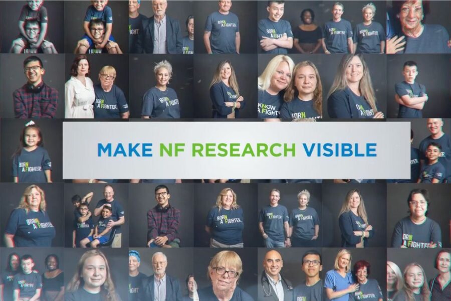 Collage of diverse individuals wearing blue shirts with "fight nf" logos, promoting neurofibromatosis research awareness.