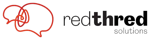 Logo of redthread solutions featuring an abstract red design within a speech bubble shape next to stylized black text.