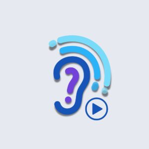 Logo featuring a stylized ear with a question mark and sound waves, incorporating blue and purple colors, and a play button symbol.