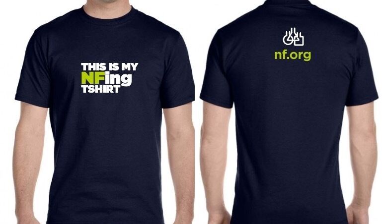 Front and back of a navy blue T-shirt. Front text: "This is my NFing TSHIRT." Back text: "nf.org" with a logo above it.