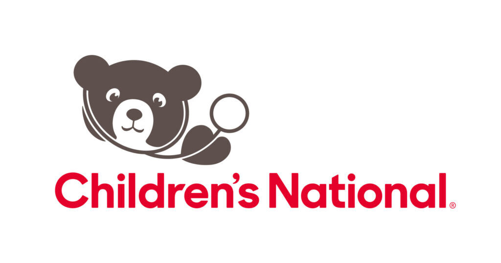 Logo for Children's National featuring a brown bear with a stethoscope and the text "Children's National" in red below.