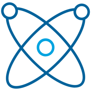 Blue atom icon with two orbiting electrons and a central nucleus.