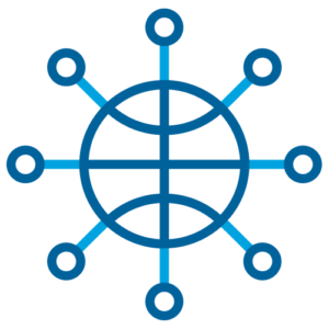 Blue network diagram with a central circle exhibiting interconnected lines, resembling a globe with eight nodes radiating outward.