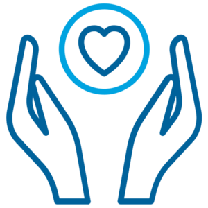 Two blue hands outline a circle containing a heart, symbolizing care or support.