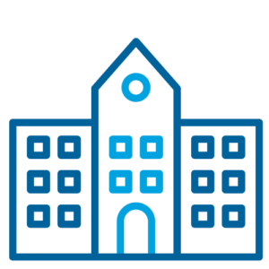 Simple blue line art of a school building with a central tower and symmetrical windows.