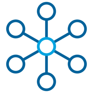 A central circle connected to six surrounding circles by straight lines, resembling a network or hub-and-spoke diagram, in blue on a white background.