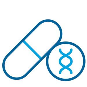 Blue outline of a pill next to a circle containing a DNA helix.