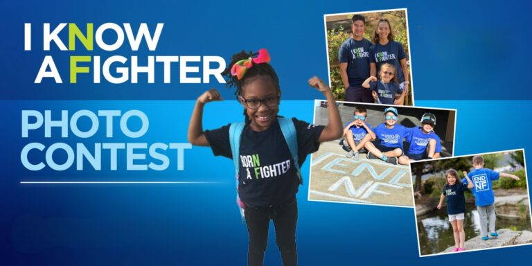 A smiling child wearing a "Born a Fighter" shirt flexes her arms, surrounded by photos of groups in "END NF" shirts; text reads "I Know a Fighter Photo Contest.