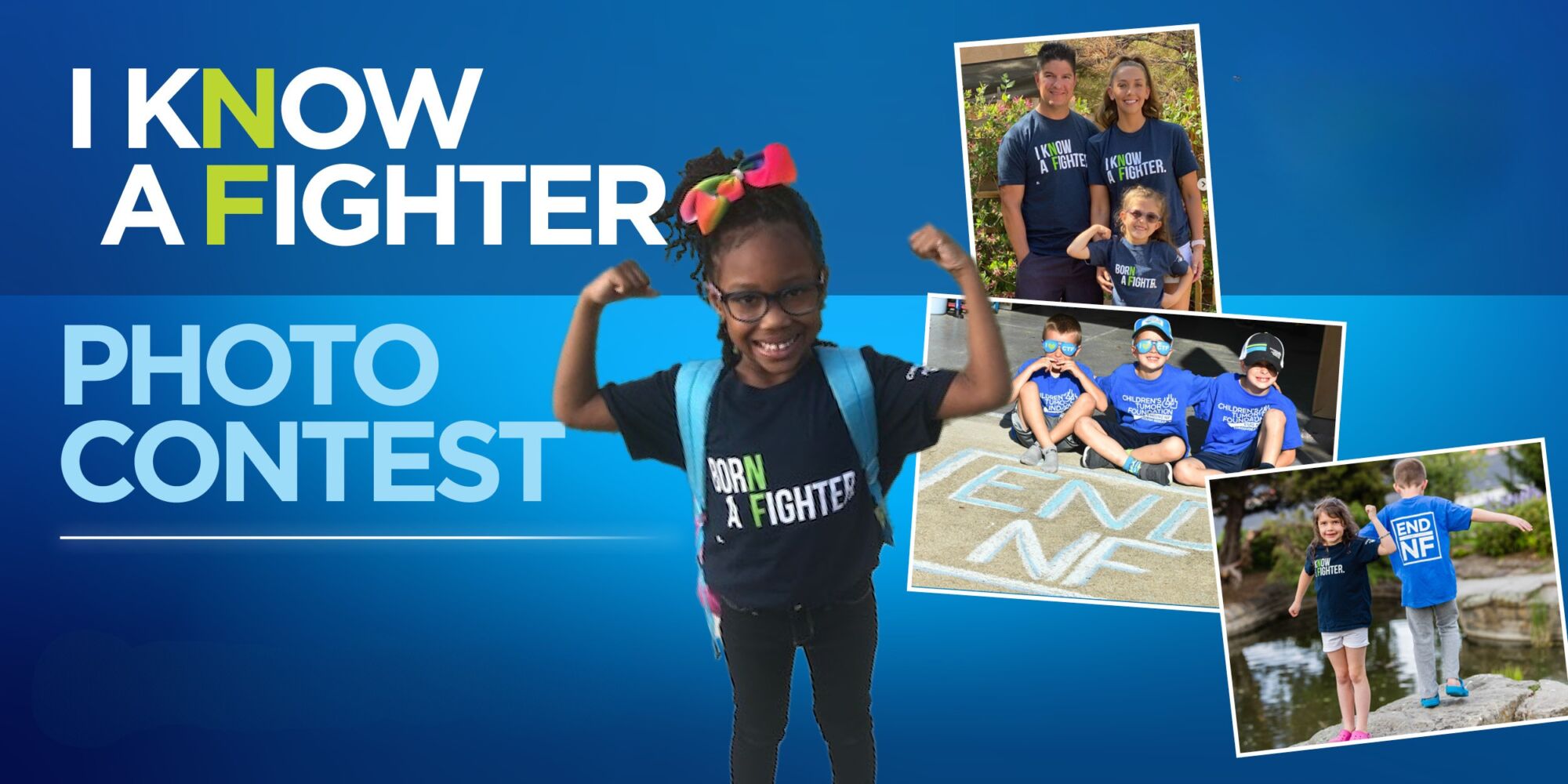 A smiling child wearing a "Born a Fighter" shirt flexes her arms, surrounded by photos of groups in "END NF" shirts; text reads "I Know a Fighter Photo Contest.