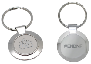 Two metallic keychains; one side displays a geometric symbol, and the other side is engraved with the hashtag "#ENDNF".