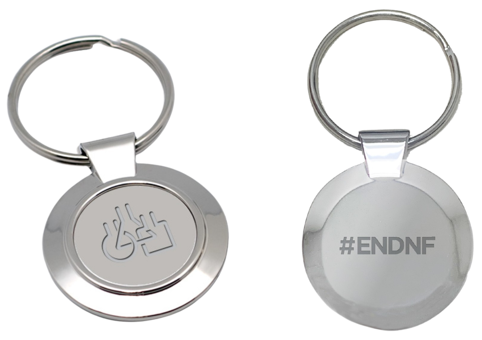 Two metallic keychains; one side displays a geometric symbol, and the other side is engraved with the hashtag "#ENDNF".