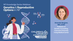 A webinar slide titled "Genetics & Reproductive Options in NF" features an illustrated woman with a DNA strand, event details, and a photo of speaker Amanda Bergner from Columbia University.