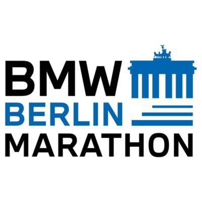 Logo for the BMW Berlin Marathon featuring bold text and a blue graphic of the Brandenburg Gate above horizontal lines.