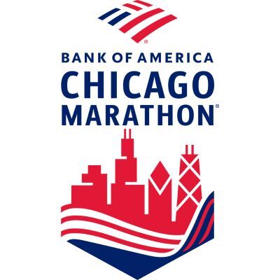 Bank of America Chicago Marathon logo featuring stylized Chicago skyline and wavy stripes in red and blue.
