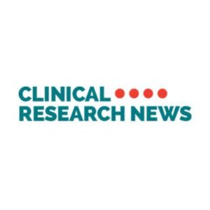 The image displays the text "CLINICAL RESEARCH NEWS" in teal with four red dots between "CLINICAL" and "RESEARCH.