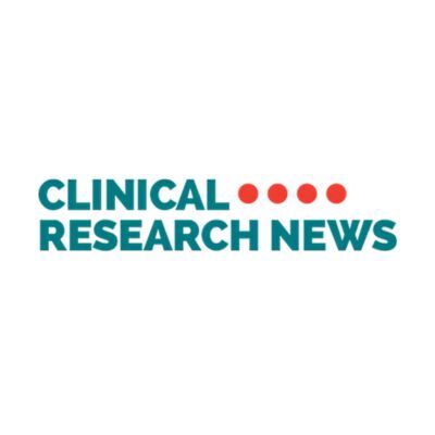 The image displays the text "CLINICAL RESEARCH NEWS" in teal with four red dots between "CLINICAL" and "RESEARCH.