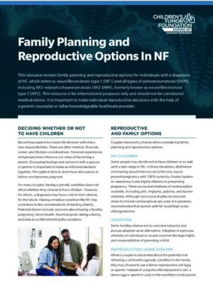 A brochure titled "Family Planning and Reproductive Options in NF" with sections on deciding to have children and available reproductive options, featuring images of people in discussion.