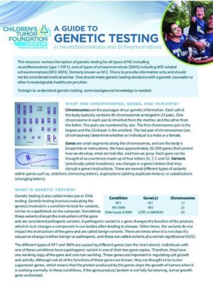 A brochure titled "A Guide to Genetic Testing" from the Children's Tumor Foundation, explaining chromosomes, genes, and genetic testing basics with text and images.