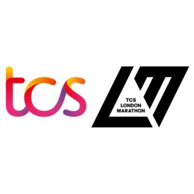 TCS logo in gradient colors next to the black and white TCS London Marathon logo on a white background.