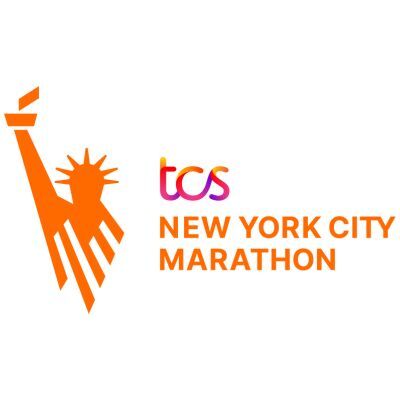 Orange stylized Statue of Liberty torch next to the text "tcs NEW YORK CITY MARATHON" on a white background.