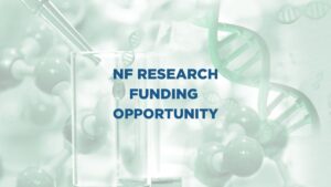 Text "NF Research Funding Opportunity" overlaid on a background of scientific imagery including DNA strands, molecules, and laboratory glassware.