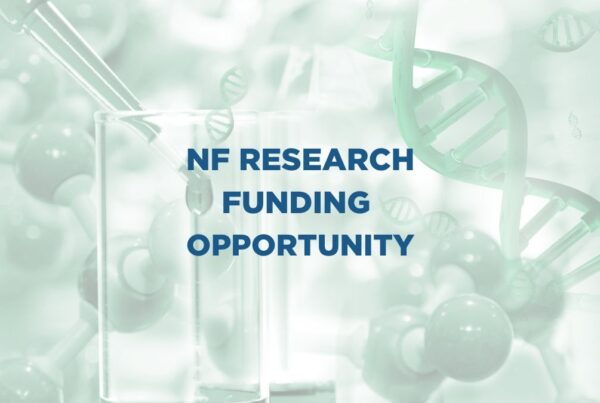 Text "NF Research Funding Opportunity" overlaid on a background of scientific imagery including DNA strands, molecules, and laboratory glassware.