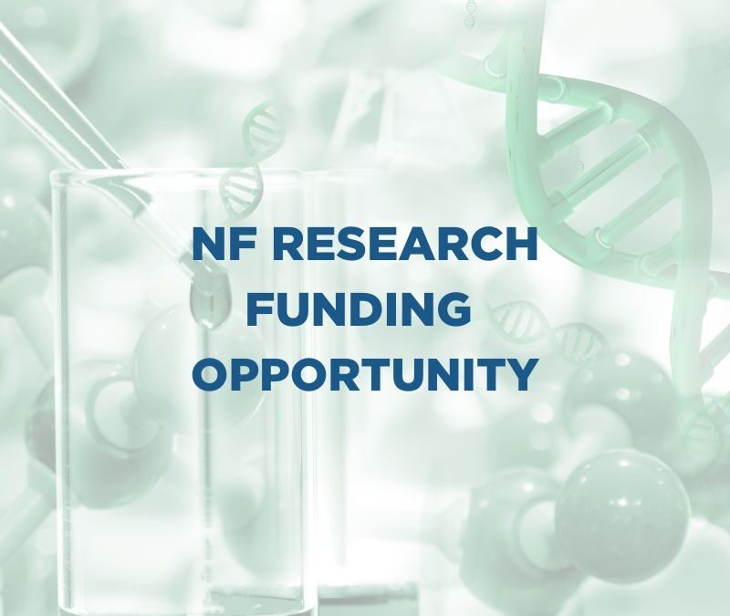 Text "NF Research Funding Opportunity" overlaid on a background of scientific imagery including DNA strands, molecules, and laboratory glassware.