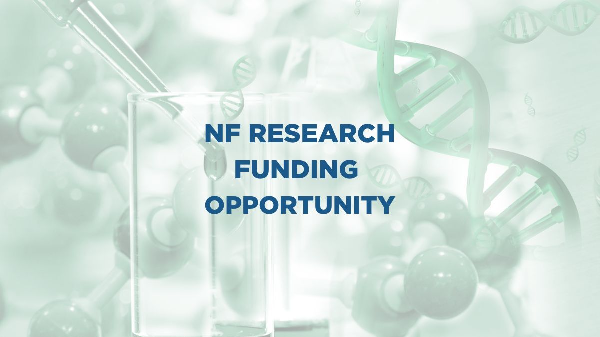 Text "NF Research Funding Opportunity" overlaid on a background of scientific imagery including DNA strands, molecules, and laboratory glassware.