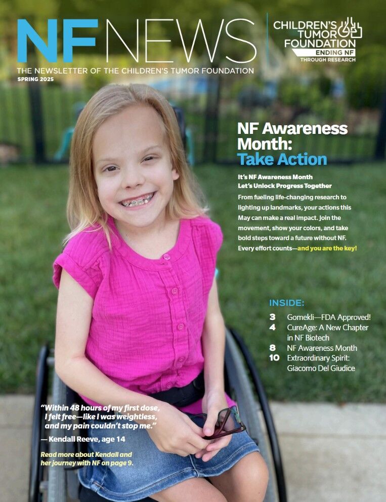 Young girl with a prosthetic leg sits smiling in a wheelchair on the cover of NF News, highlighting NF Awareness Month and related articles.
