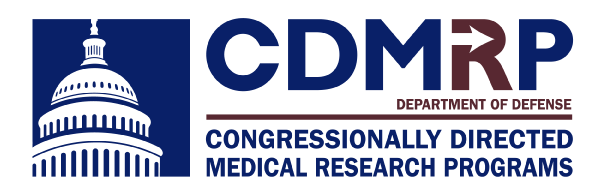 Logo for the Department of Defense Congressionally Directed Medical Research Programs (CDMRP), featuring a stylized Capitol dome and program name in bold text.