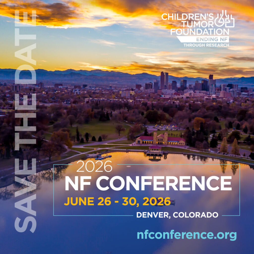 Aerial view of Denver at sunset with mountains in the background. Text reads: "2026 NF Conference, June 26-30, 2026, Denver, Colorado. nfconference.org. Save the Date.