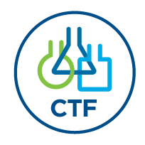A circular logo with overlapping green and blue chemistry flask and beaker icons above the letters "CTF".