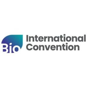 Logo for the BIO International Convention, featuring the word "Bio" with a gradient blue-green leaf design and "International Convention" in bold gray text.