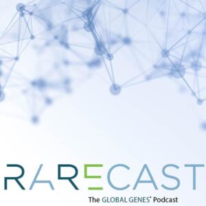The image shows the "RARECAST: The GLOBAL GENES Podcast" logo with a network of blue connected dots in the background.