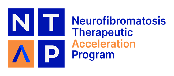 Logo for the Neurofibromatosis Therapeutic Acceleration Program, with acronym "NTAP" in blue and orange blocks, and full program name in blue and orange text.